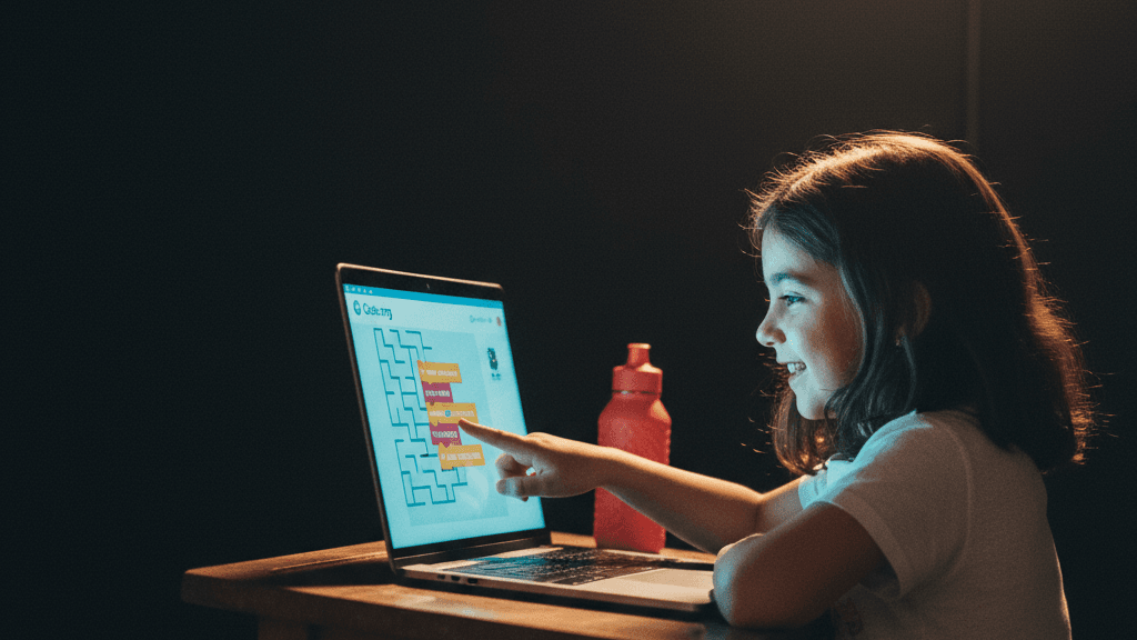 Code.org bulmacasında karakteri hedefe ulaştırmak için blok kodlayan çocuk