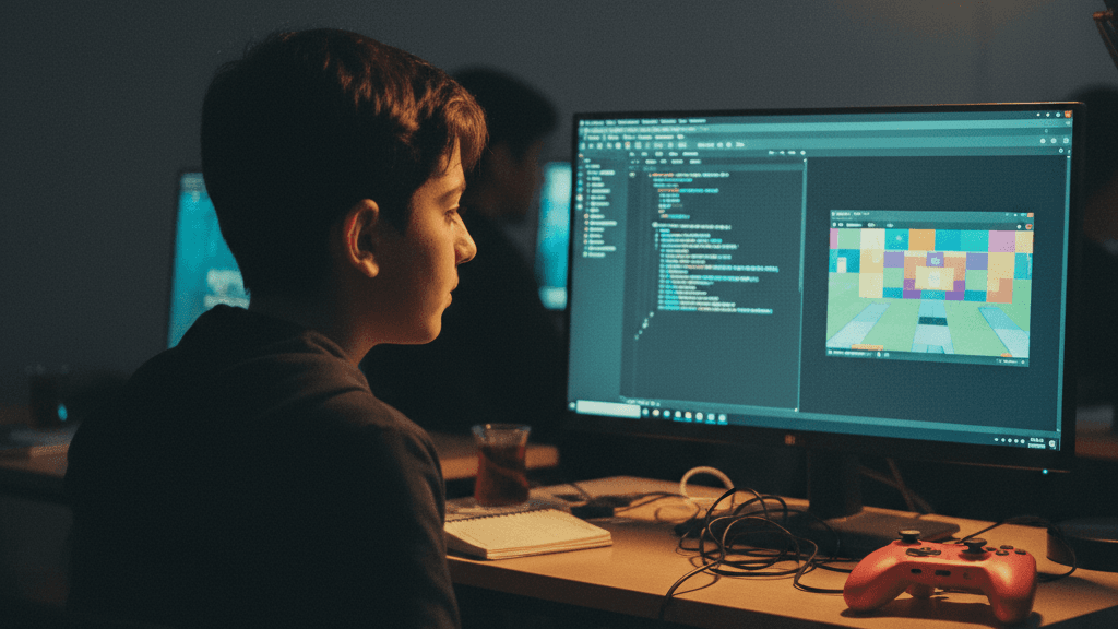 C# kod editöründe oyun mantığı yazan genç öğrenci