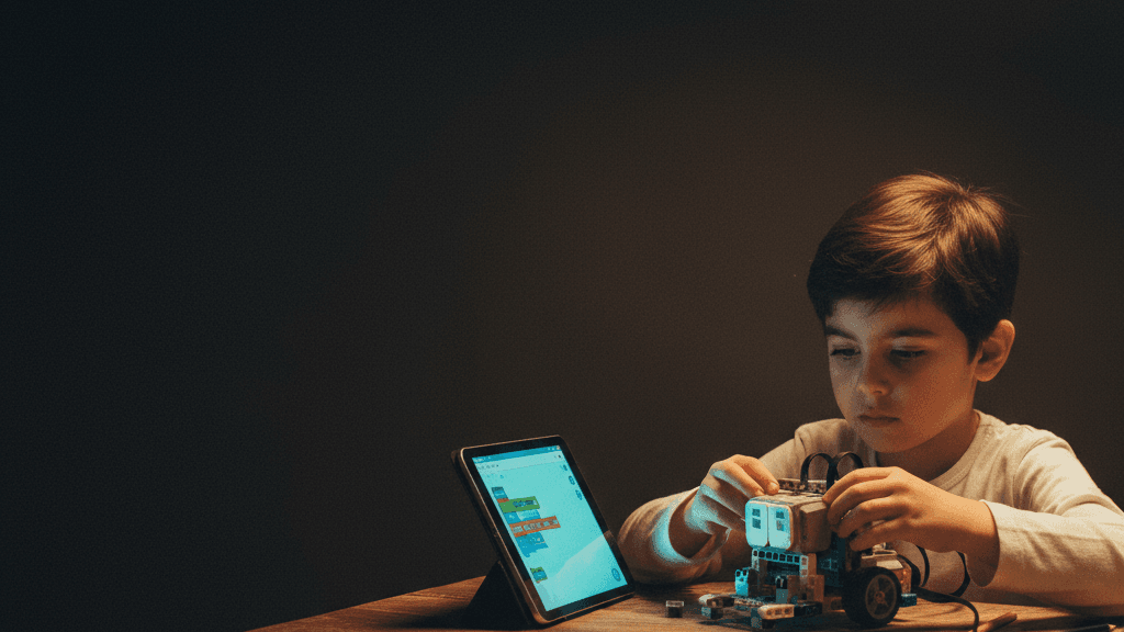 Lego WeDo setiyle motorlu robot modeli kuran ve kodlayan küçük çocuk