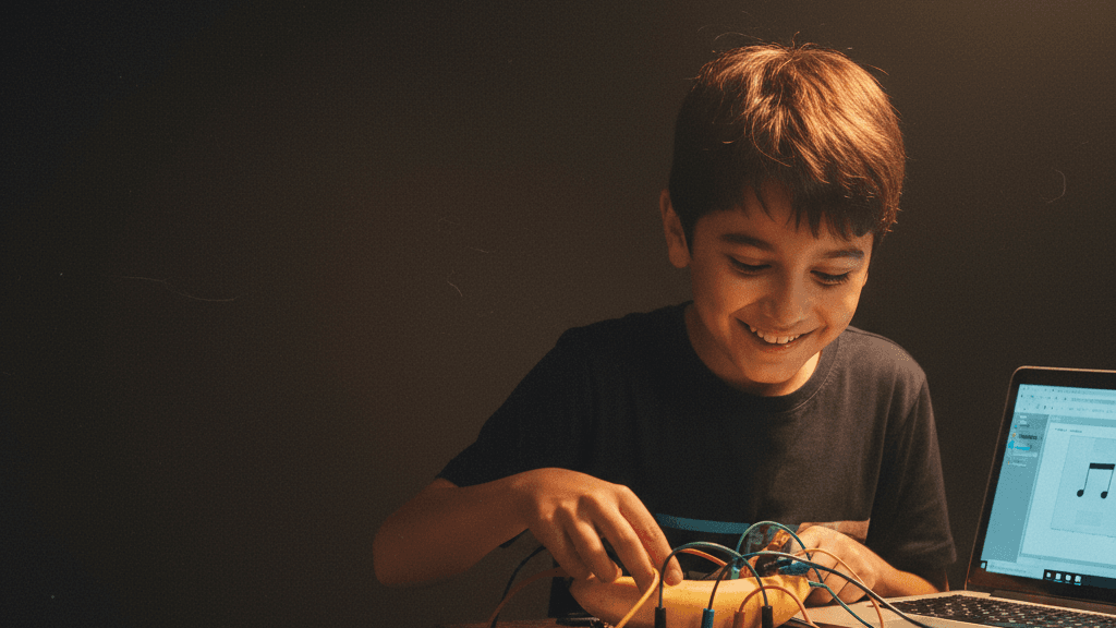 Makey Makey kartıyla muzları piyano tuşuna çeviren ve Scratch ile çalan çocuk