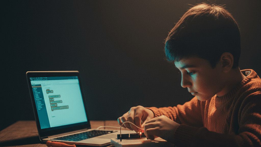 Arduino kartına sensör ve kablolar bağlayıp mBlock ile kodlayan öğrenci