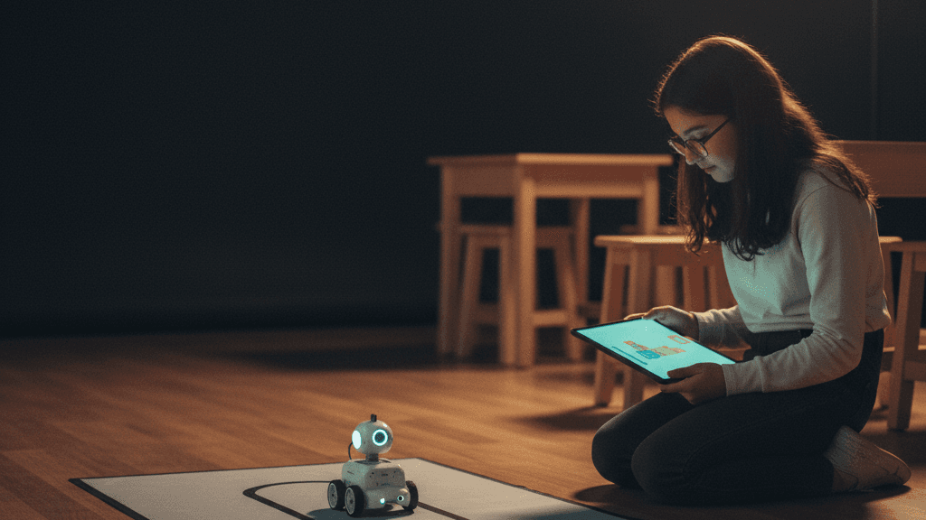 mBot robotunu çizgi takip pistinde test eden ve tablette kodlayan öğrenci