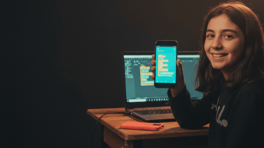 MIT App Inventor ile tasarladığı uygulamayı kendi telefonunda test eden öğrenci