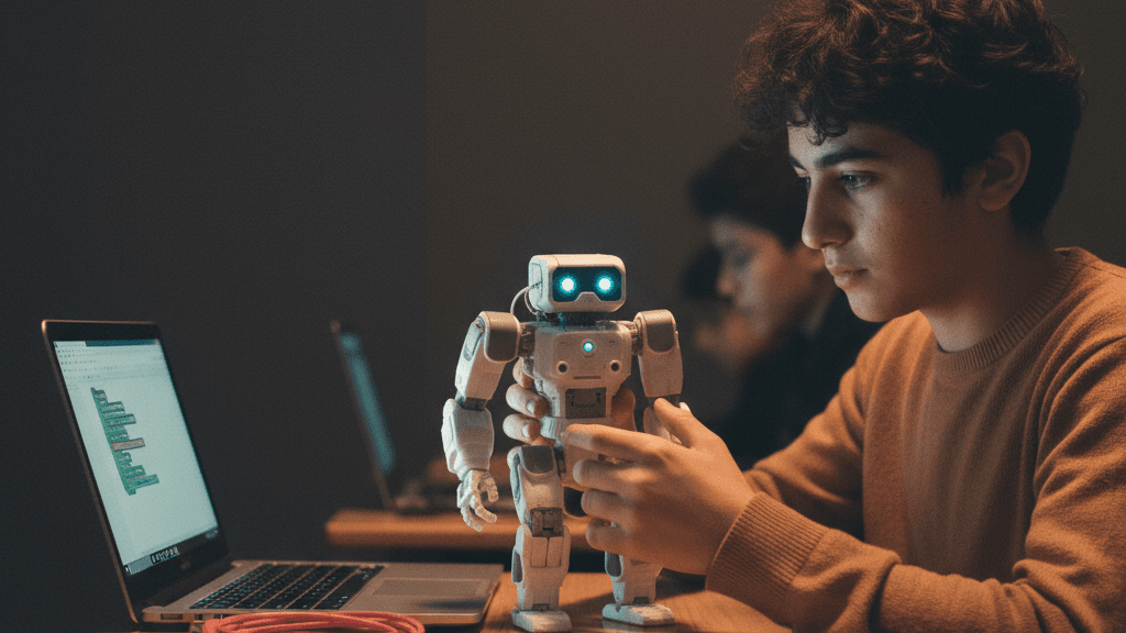 Otto yürüyen robotunu monte edip hareketlerini kodlayan öğrenci