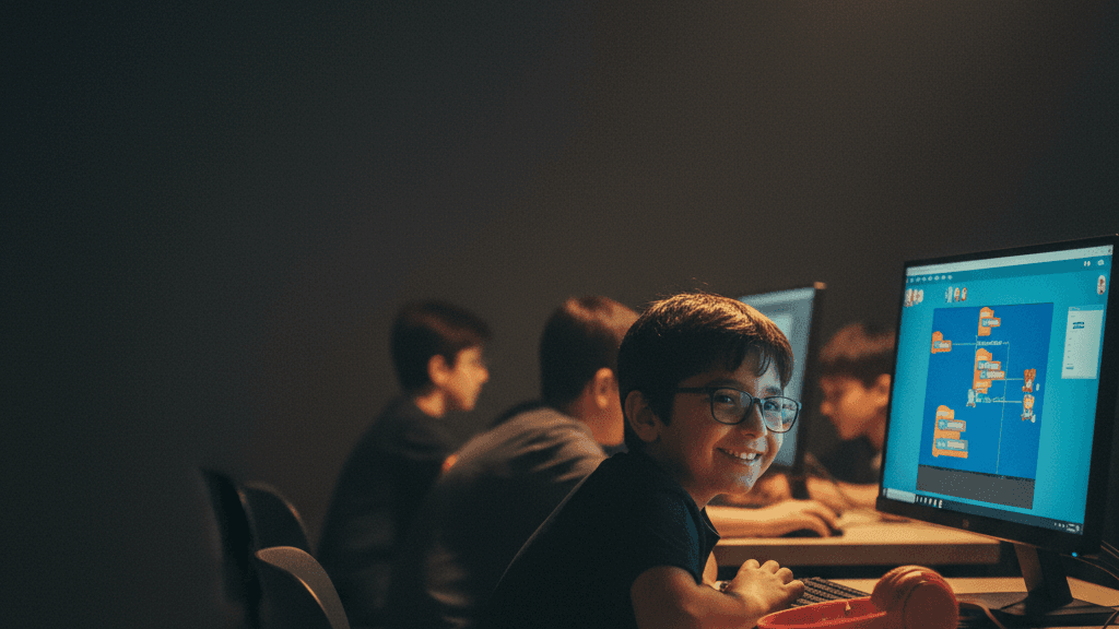 Scratch arayüzünde kendi 2B oyununu kodlayan ilkokul-ortaokul çağındaki öğrenci