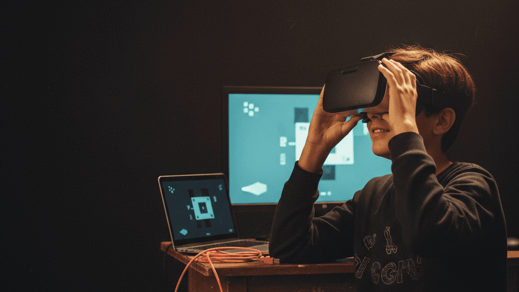 VR başlıkla Unity'de tasarladığı sanal gerçeklik sahnesini test eden öğrenci